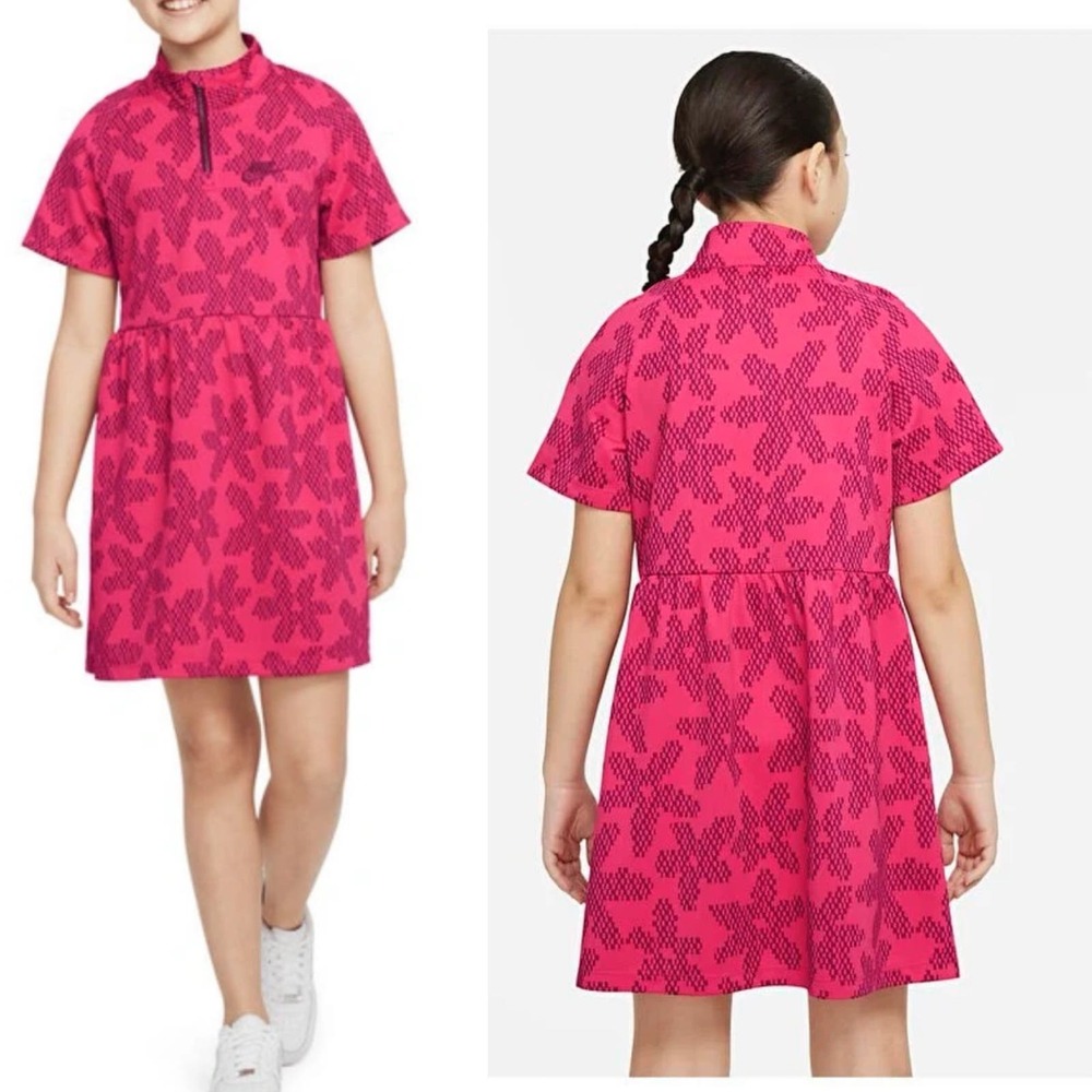 Nike Kids Print half zip dress in rush pink/sangria